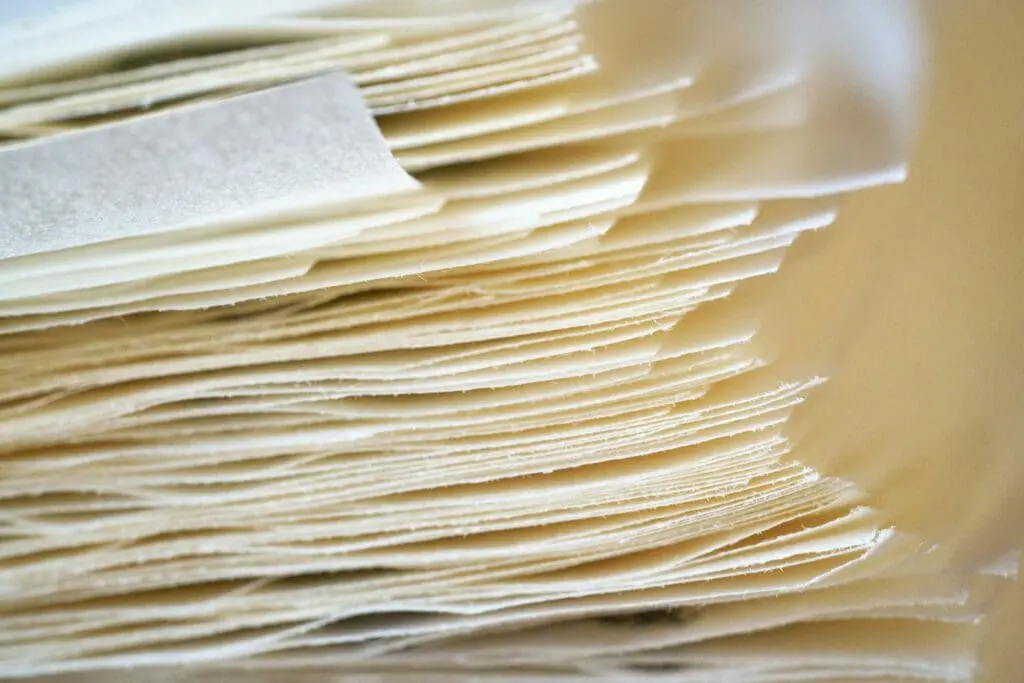 Here is a caption for the image: a stack of thin, layered paper.